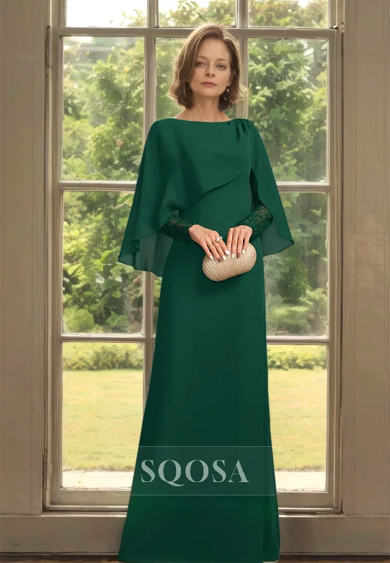 Weekend Deal t-shirt dressLace Long-Sleeveles Scoop-Neck Chiffon Floor-Length Fitted Mother of the Bride Dress with Overlay