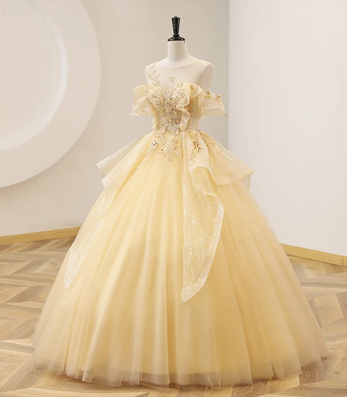 YEAR-End Sale vintage-inspired dressYellow Ball Gown Beaded Sweet 16 Dress, Yellow Long Formal Dress Y4045