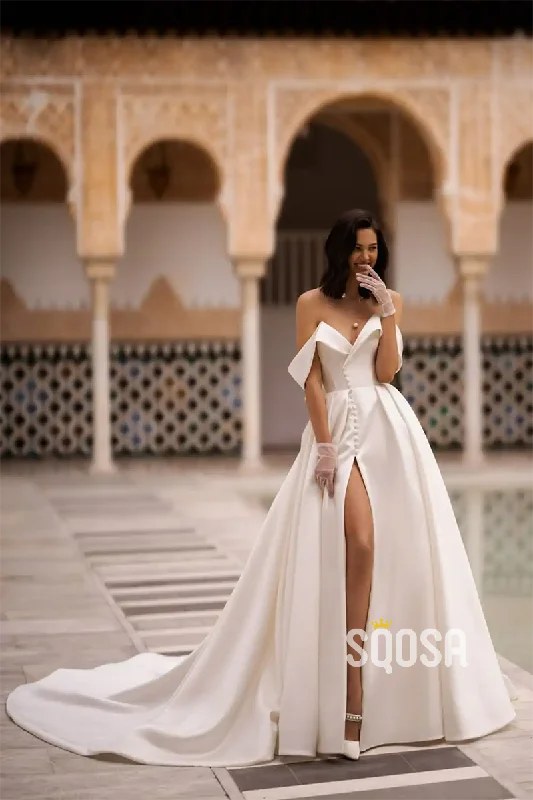 Anniversary Sale statement dressA Line V neck Satin Pleats Elegant Wedding Dress with Slit QW2316