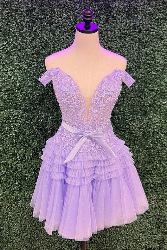 Price Cut A-line dressLavender Plunging Off-the-Shoulder A-line Layers Appliques Homecoming Dress