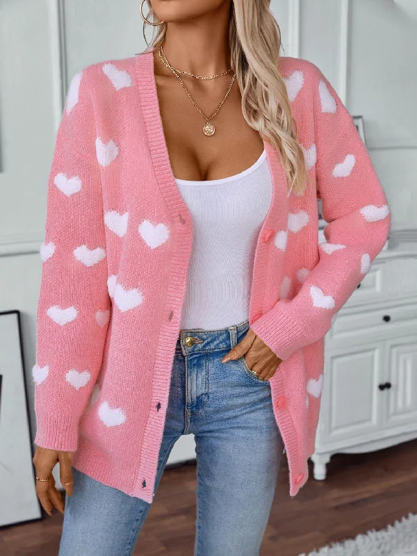 Low Prices breathable workout hoodieHeart V-Neck Button Up Long Sleeve Cardigan