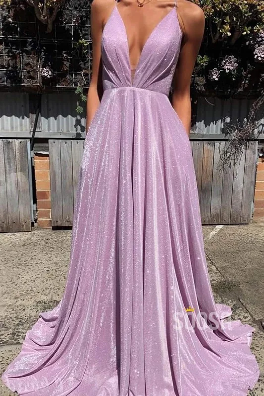 Early Bird Discount casual dressA-Line Deep V Neck Lavender Sparkly Prom Dress with Pockets QP0882 Early Bird Discount casual dressA-Line Deep V Neck Lavender Sparkly Prom Dress with Pockets QP0882