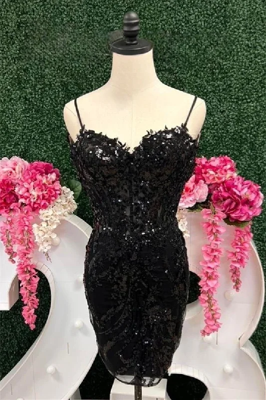 Limited Edition fitted cocktail dressBlack Sheath Appliques Sequins Straps Homecoming Dress