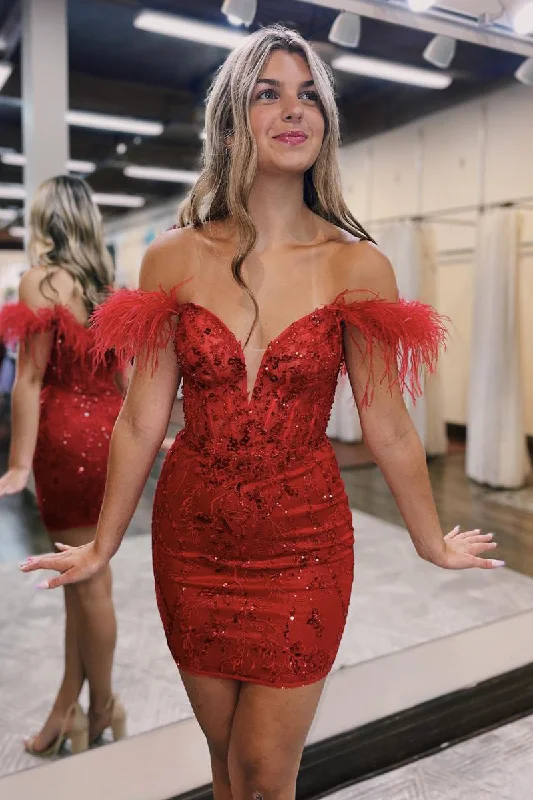 Best Seller cocktail dressSexy V neck Feathers Sheath/Column Red Short Homecoming Dress QH2549