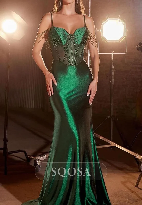 Stock Up and Save high-waisted dressSexy Satin Trumpet Sweetheart Spaghetti Straps Beaded Long Party Prom Dress QP3567