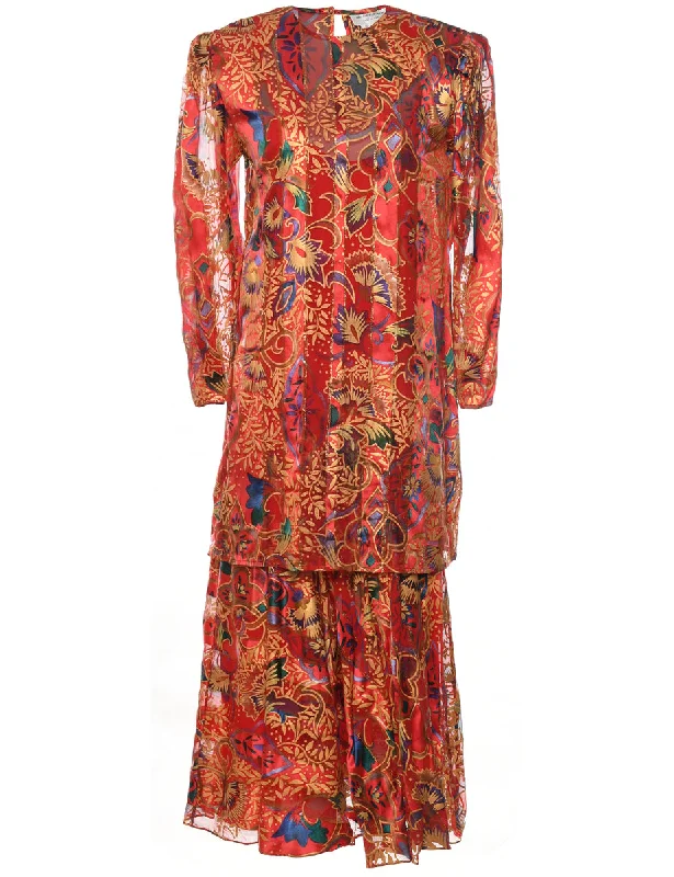 Huge Savings soft shell coatLeafy Print 1980s Multi-Colour Silk Evening Dress - L
