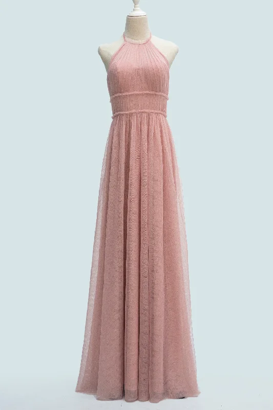 Deep Discounts trendy mini dressBlushing Pink A-line Halter Pleated Backless Long Bridesmaid Dress
