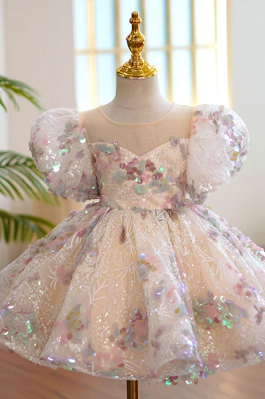 Limited Time sleeveless dressIllusion Neckline Short Sleeves Cute Flower Girl Dress Sparkly First Communion Dress QF1037