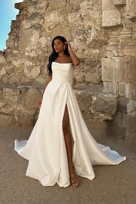Weekend Special backless dressChic Satrpless Ivory Satin Simple Wedding Dress with Slit QW2226