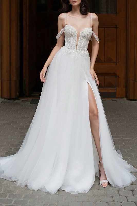 Mega Deal comfy dressSexy Deep V neck Beads Side Slit A line Rustic Wedding Dress QW2167 Mega Deal comfy dressSexy Deep V neck Beads Side Slit A line Rustic Wedding Dress QW2167