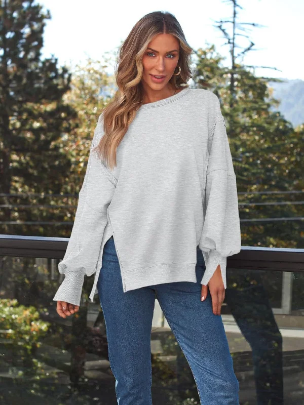 Special Price fitted workout hoodieSlit Round Neck Long Sleeve Sweatshirt