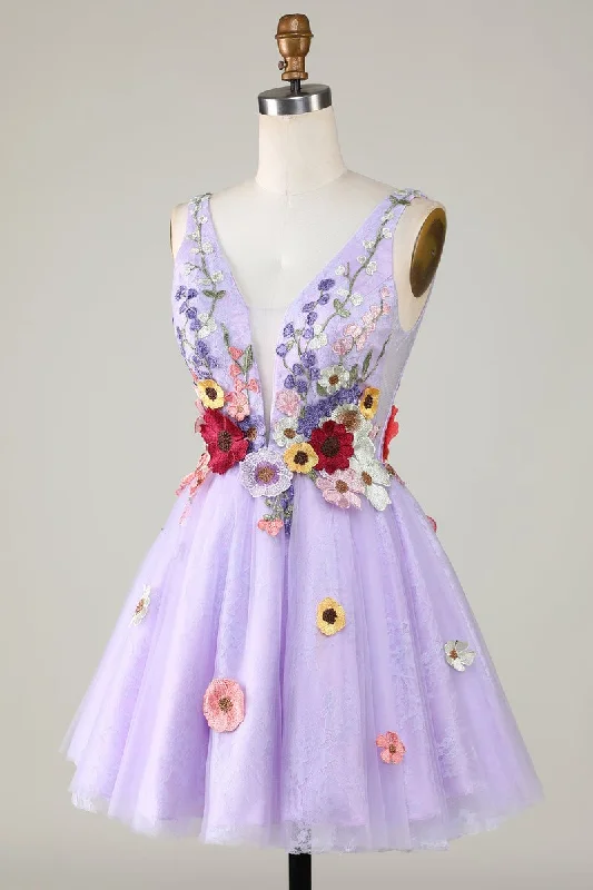 Price Reduction sleek midi dressLavender Tulle Spaghetti Strap Floral Lace-Up Homecoming Dress