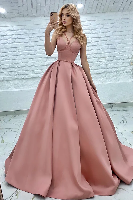 Closeout Sale tiered dressSpaghetti Straps A-line Pink Prom Ball Gown QP0858