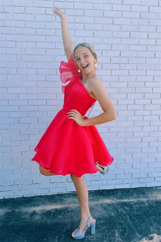 Epic Deals fitted dressRed A-line One shoulder Tulle Ruffle Homecoming Dress