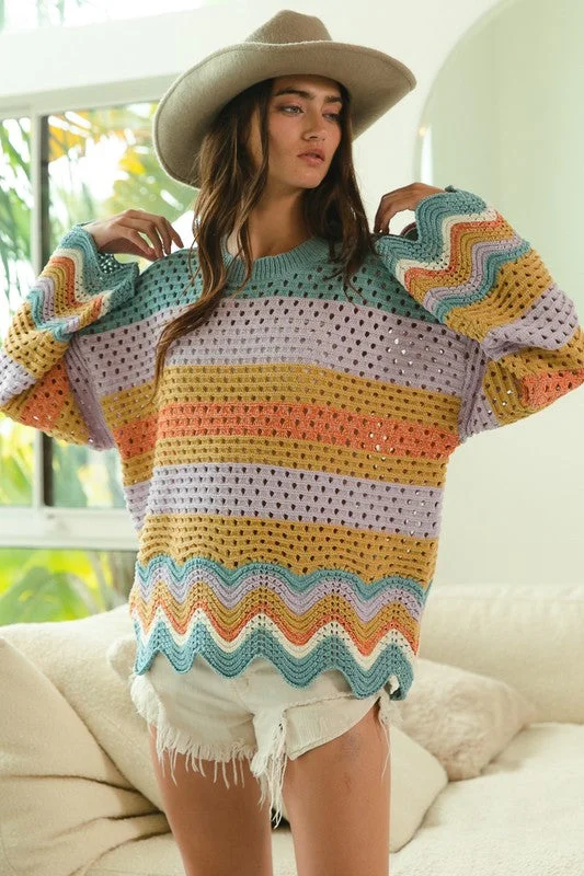 YEAR-End Sale fashion gym hoodieBiBi Wavy Hem Openwork Contrast Round Neck Sweater