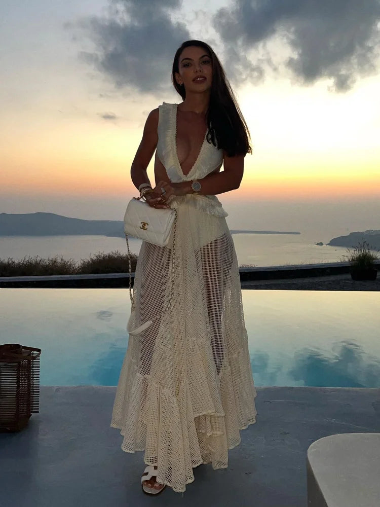Today’s Special casual sports coatSexy Printed Tassels Patchwork Long Dress Women Fashion Deep V Neck Sleevelss See Through Dresses 2024 Vacation Beach Party Robe
