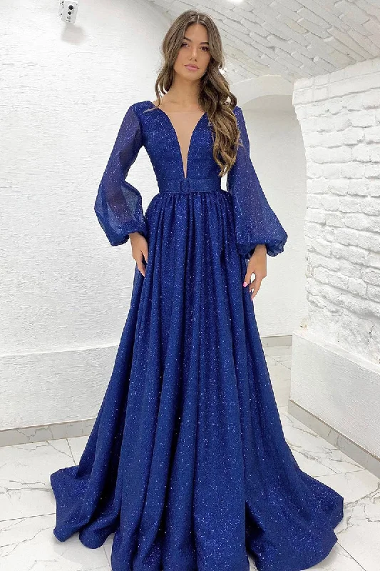 One-DAY Sale t-shirt dressPlunging V-Neck Long Sleeves A-line Sparkly Prom Dress QP0850