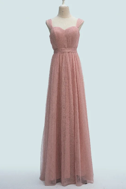 Closeout satin midi dressBlushing Pink A-line Sheer Strap Pleated Waistband Long Bridesmaid Dress