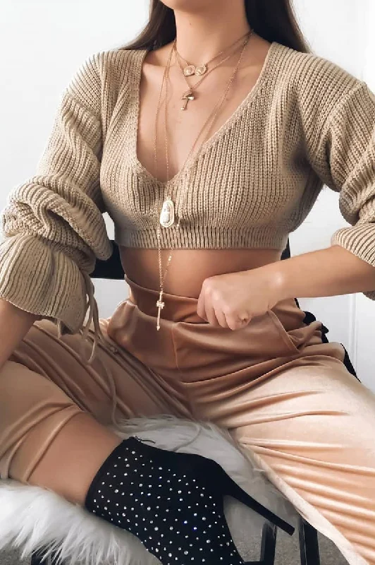 Bonus Savings cozy pullover sweaterBeige Plunge Sleeve Detail Crop Jumper - Ivree