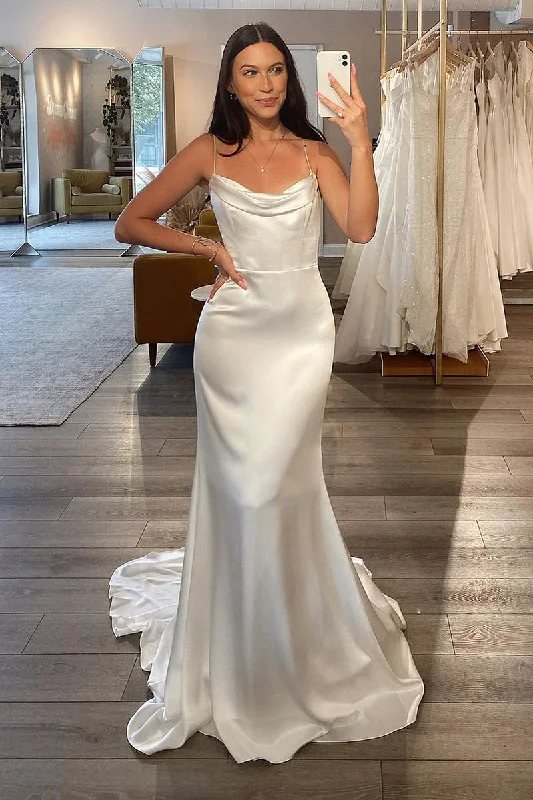 Best Seller trendy mini dressSpaghetti Straps Satin Pleats Simple Mermaid Wedding Dress QW2175