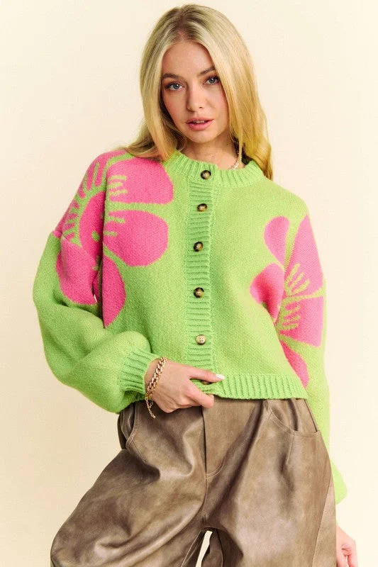 Time-Limited Offer stylish athletic hoodieDavi & Dani Flower Contrast Round Neck Long Sleeve Cardigan Time-Limited Offer stylish athletic hoodieDavi & Dani Flower Contrast Round Neck Long Sleeve Cardigan
