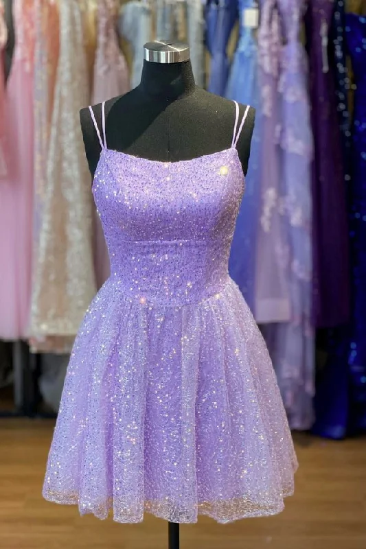Limited Edition chic shift dressLavender Sequins Spaghetti Strap Sheath Lace-Up Homecoming Dress