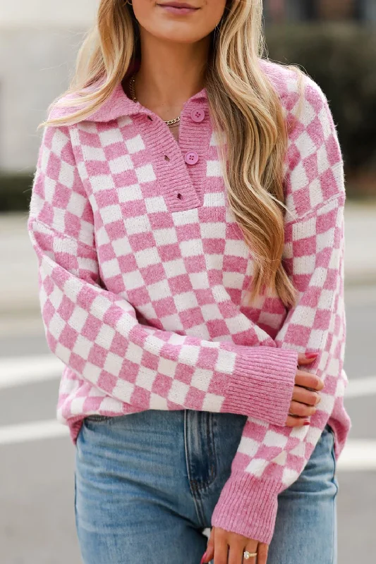 Best Bargains modern athletic hoodieCheckered Collared Neck Long Sleeve Sweater