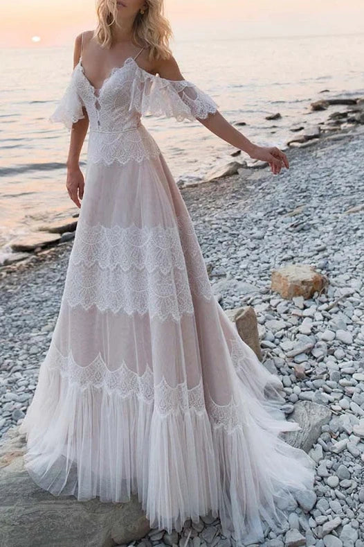 Lowest Price comfy dressV-Neck Off-Shoulder Tulle A-Line Lace Up Boho Wedding Dress