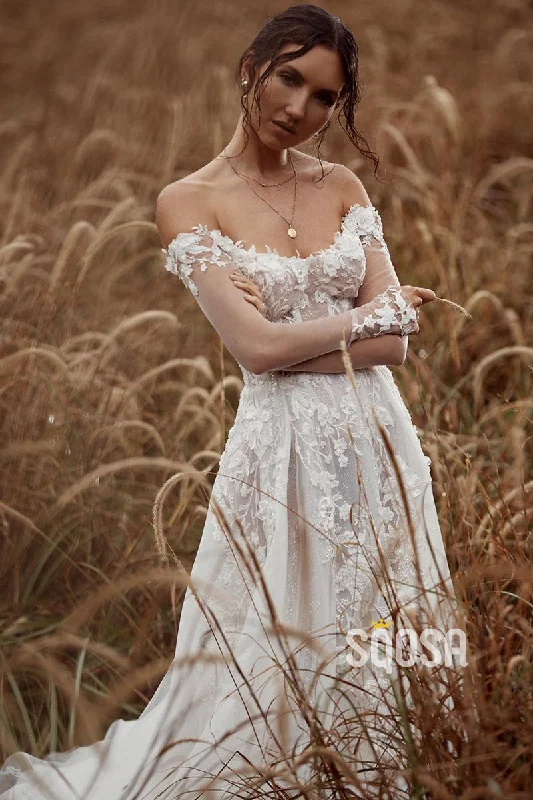 Incredible Offers modern dressUnique Off-the-Shoulder Appliques A-line Rustic Wedding Dress with Sleeves QW2689