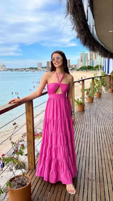 Daily Deals backless dressHalter Neckline Fuchsia A-line Long Prom Dress Beach Dress  Y2872