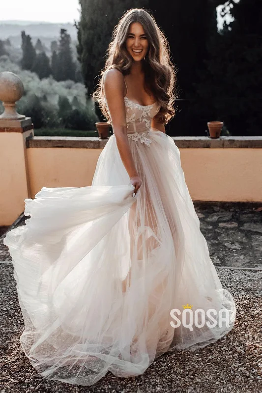 Shop and Save silk dressSpaghetti Straps Scoop Tulle Appliques Bohemian Wedding Dress QW2657
