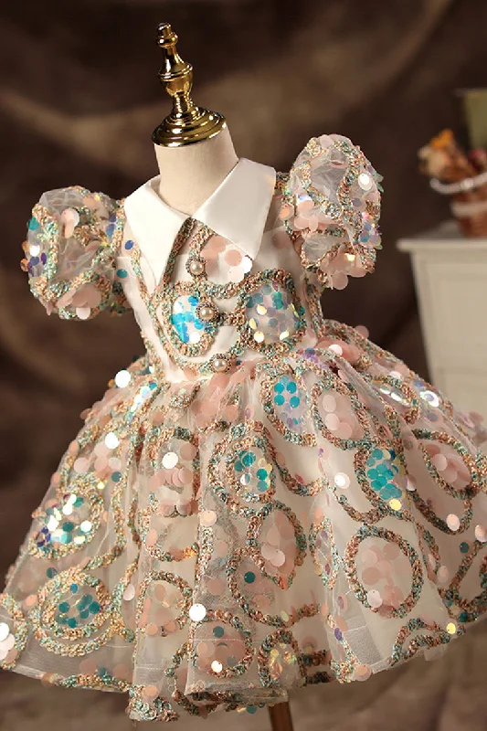 Early Access ruched dressUnique High Neckline Short Sleeves Flower Girl Dress Cute First Communion Dress QF1039