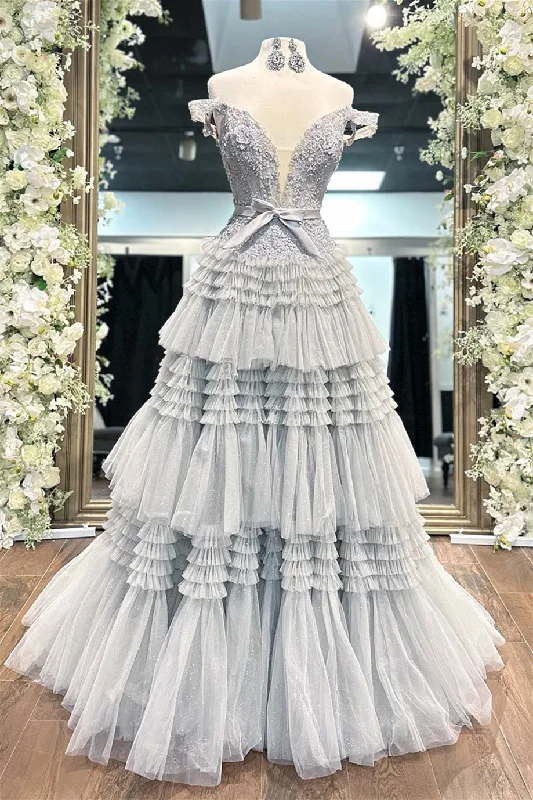 Price Break knit dressGrey Off-Shoulder Floral A-line Layers Long Prom Dress