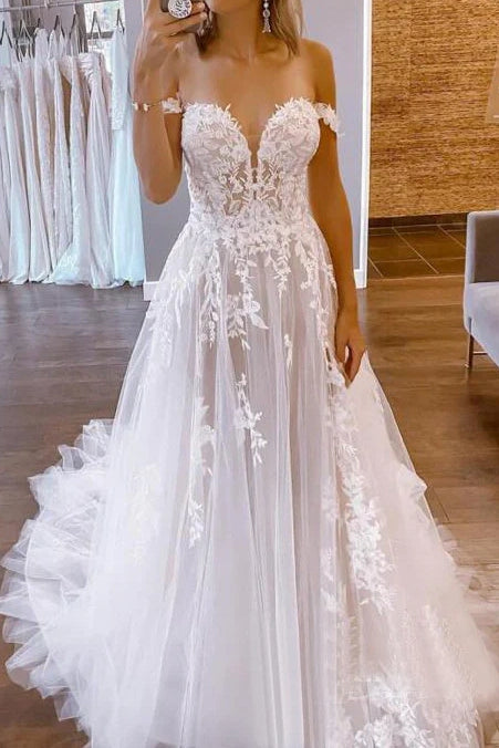 Online Exclusive modern dressSweetheart Off-Shoulder Empire Sheer Appliques Wedding Dress