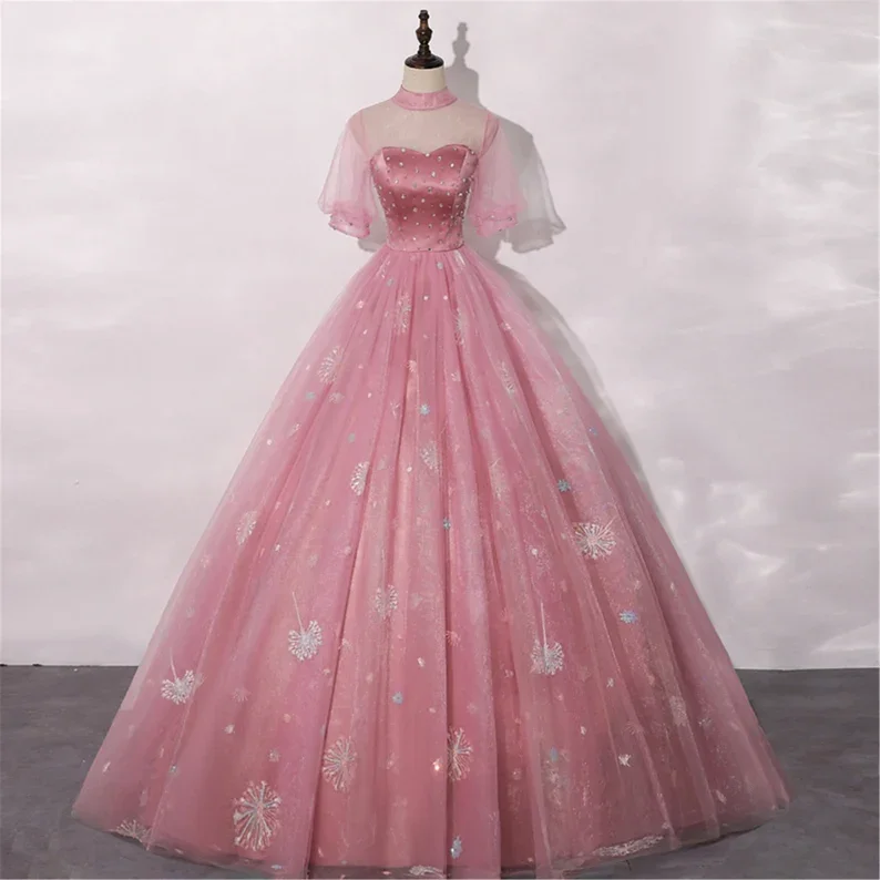 Warehouse Sale stylish dressBlush Pink Quinceanera Dress Masquerade Dress A-Line Wedding Dress Floor Length High Neck Bridal Gown Short Sleeves Y2937