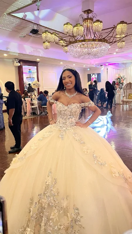 Super Savings elegant shift dressChampagne quince dress with flowers forest sweet 16 dress off the shoulder ball gown Y3026