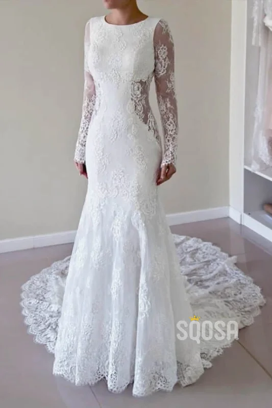Doorbuster Deal trendy wrap dressSheath/Coulmn Wedding Dress Illusion Lace Long Sleeves Bridal Gowns Backless QW2081