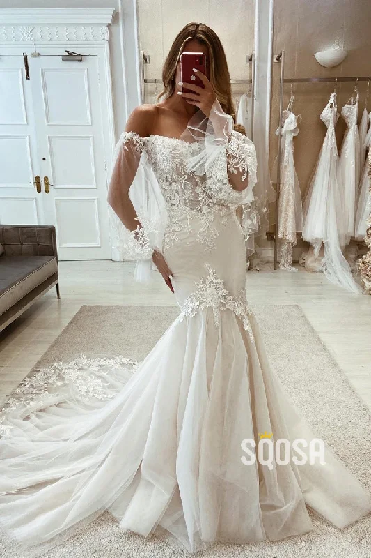 Hurry In boho-chic dressOff-Shoulder Long Sleeve Empire Lace Applique Sexy Trumpet With Tulle Train Wedding Dress QW8106 Hurry In boho-chic dressOff-Shoulder Long Sleeve Empire Lace Applique Sexy Trumpet With Tulle Train Wedding Dress QW8106