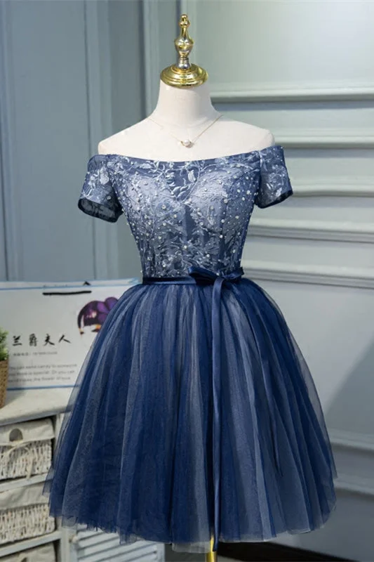 Deal Zone playful dressNavy Blue Off-the-Shoulder Beaded Embroidery Homecoming Dress