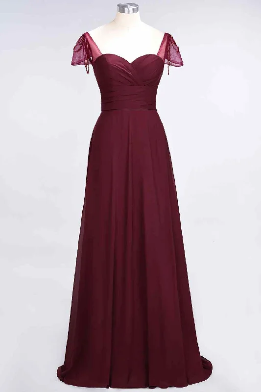 Special Promotion casual day dressBurgundy A-line Illusion Sleeves Pleated Chiffon Long Bridesmaid Dress