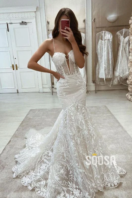 Shop and Save stylish party dressSpaghetti Straps Deep V-Neck Mermaid Lace Wedding Dress Bridal Gown QW0952