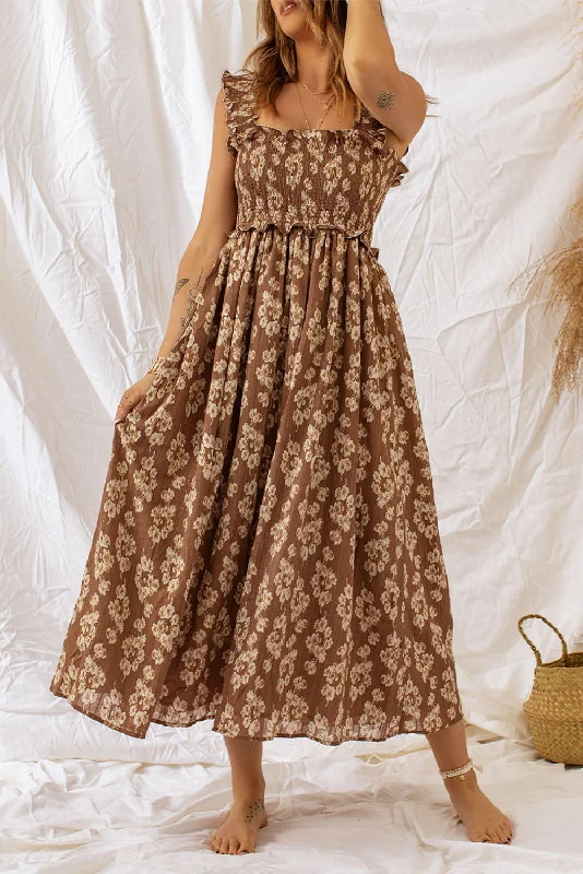 Season Finale Sale Brown Ruffled Straps Smocked Floral Maxi Dress
