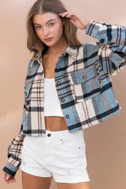 While Supplies Last fashion coat with hoodPlaid Crop Shirt Jacket