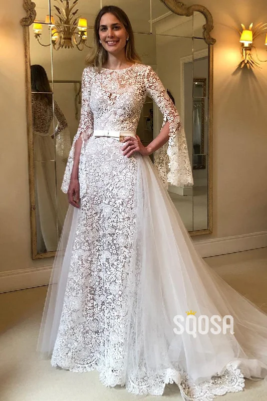 Unmissable Offer classic fit-and-flare dressUnique Jewel Romantic Lace Wedding Dress with Sleeves Bridal Gown QW2353