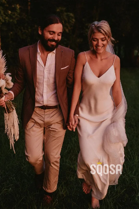 Daily Deals romantic dressSpaghetti Straps V-neck Simple Beach Wedding Dress QW2693