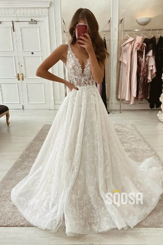Lowest Price chic wrap dressA-line V-neck Lace Wedding Dress Rustic Wedding Gown with Sweep Train QW2248