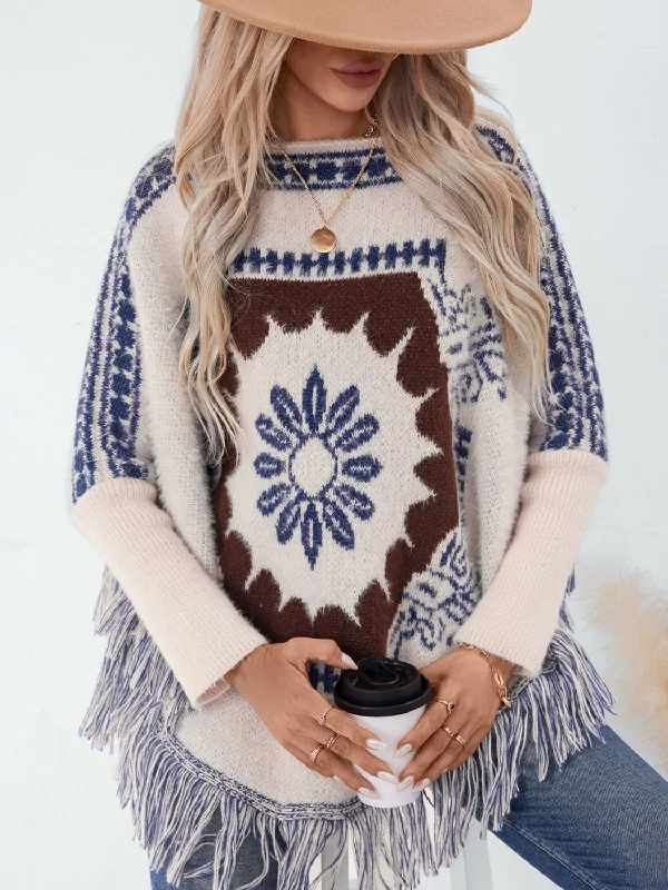 Hurry In urban casual coatFringe Geometric Long Sleeve Poncho