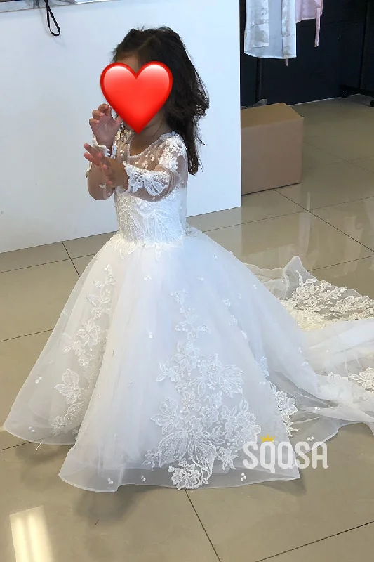 Price Buster textured dressA-line Scoop Lace Appliques Long Sleeves Cute Flower Girl Dress First Communion Dress QF1028