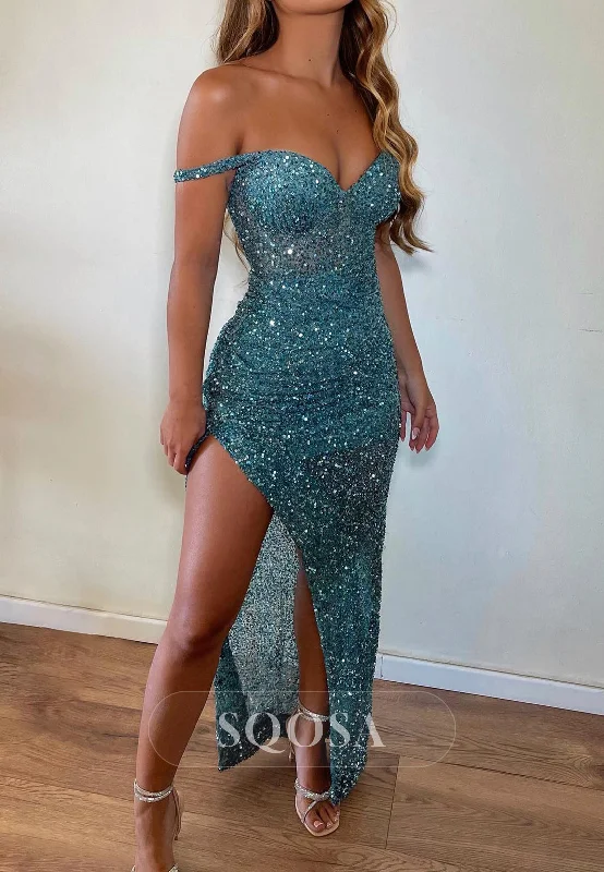 Stock Clearance form-fitting dressSexy Fitted Off-Shoulder Sequined With Side Slit Party Prom Evening Dress QP3564