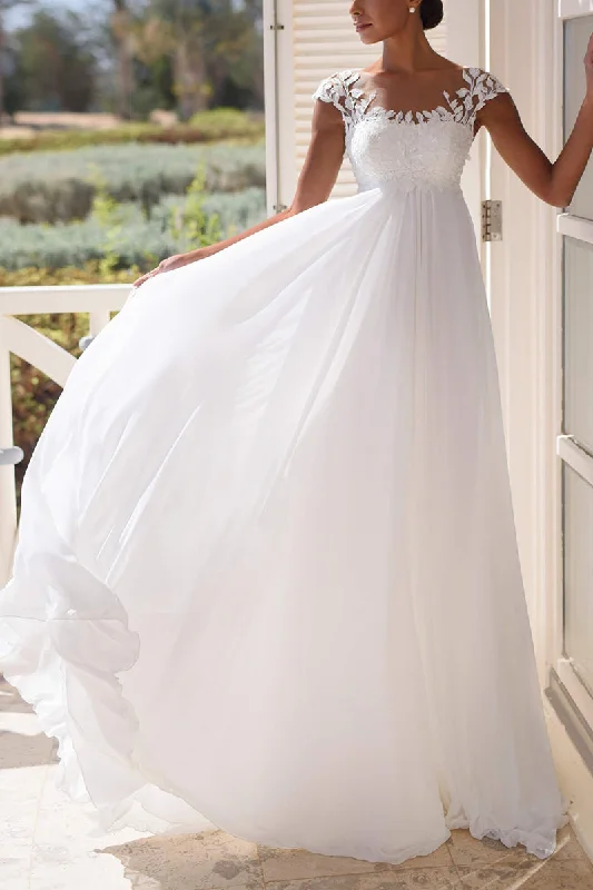 Deal Mania off-shoulder dressA Line Scoop Cap Sleeves Lace Appliques Beach Wedding Dress QW2623
